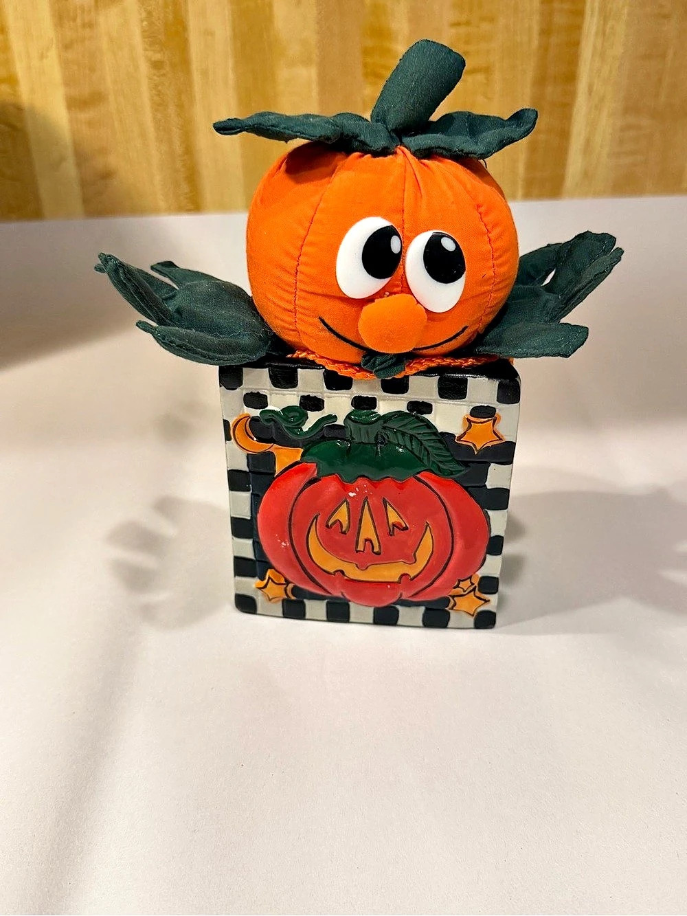 Vintage Halloween pumpkin in ceramic black white basket pot box